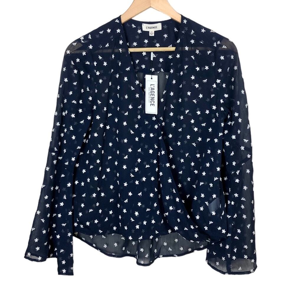 L'agence Sheer Surplice Navy Blouse with Floral Embroidery Size XS
